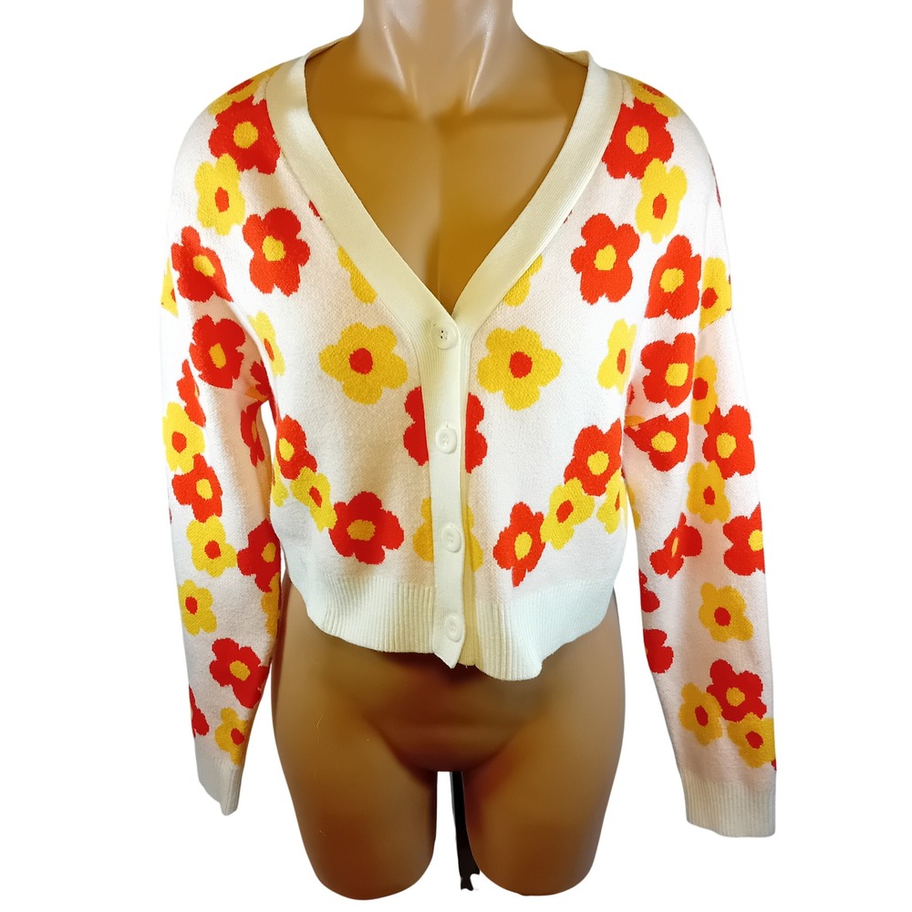 RSQ Bright Floral Daisy Y2K Style V Neck Cardigan Boho Hippie Cropped Knit L